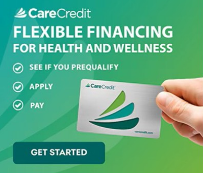 CareCredit financing ad with a hand holding a card. Text: 'Flexible financing for health and wellness. See if you prequalify, apply, pay.' 'Get started' button included.