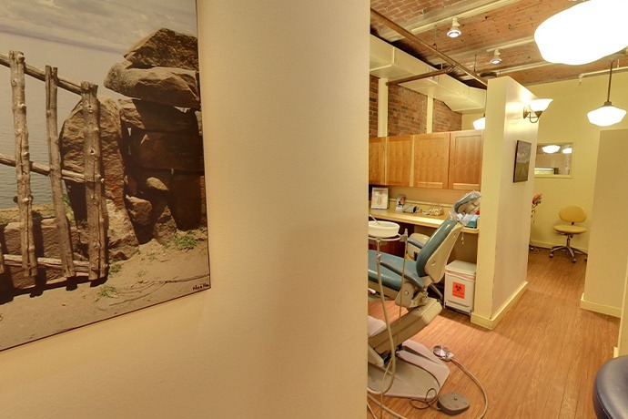 Hallway looking into dental exam room